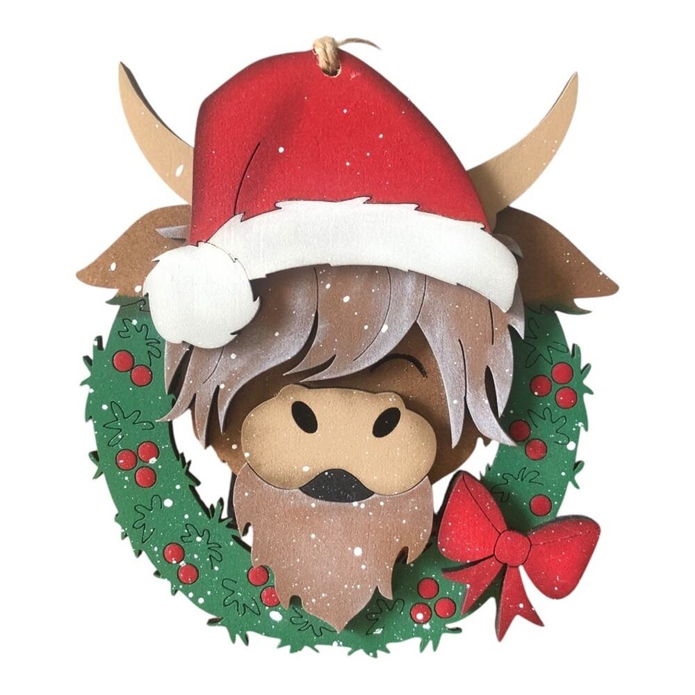 Handmade Whimsical Highlander Cow Wreath Santa Hat Hand Painted Wood Ornament